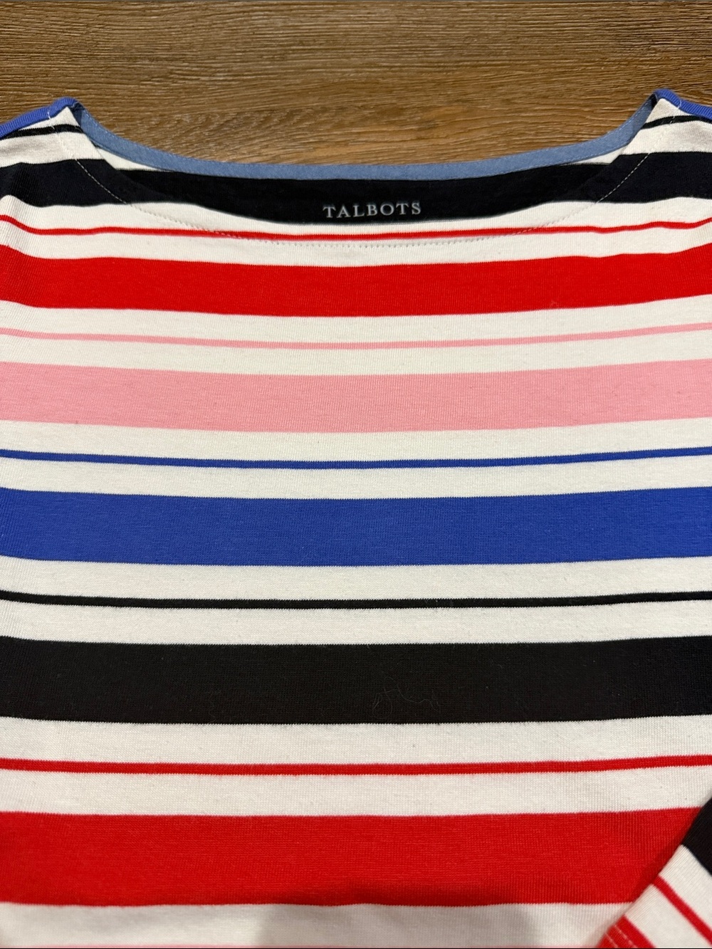 Talbots Authentic 3/4 Sleeve Striped Boatneck Top in Red, Pink & Blue - Picture 5 of 6